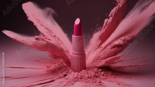 Pink lipstick in matching pink tube with dynamic powder burst background