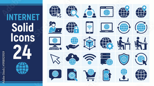Internet Solid Icons 24: A comprehensive blue vector icon set for web, networking, devices, and digital communication interfaces.