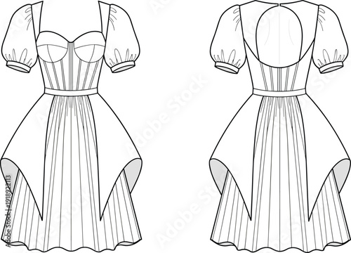 Black and white of front and back of dress with puffy sleeves and slit fashion puffy sleeves line front and back view