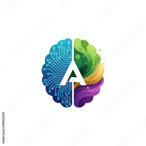 Brain divided into colorful sections representing technology and nature from a front viewpoint