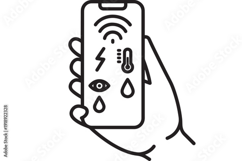 Smartphone weather app icon in hand with wireless signal, lightning, thermometer, rain drops and eye symbol, minimal black line outline on white background
