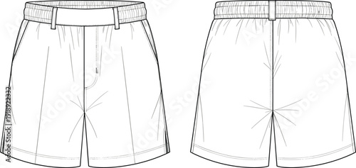 Black and white of front and back of shorts fashion clothing garment front and back view