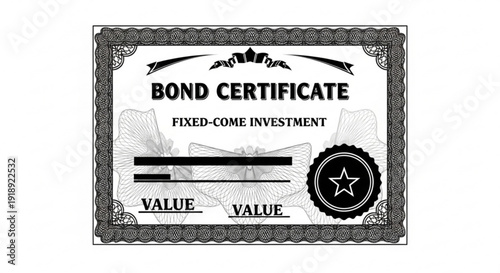 A black and white bond certificate with a star emblem and decorative border, viewed from directly above, displaying investment details