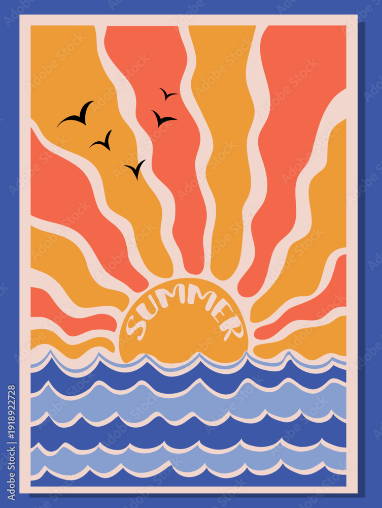 Fototapeta premium Sun and sea. Groovy, hippie summer card. Abstract retro poster in naive style. Seventies, groovy background. Hippie Aesthetic. Vector print