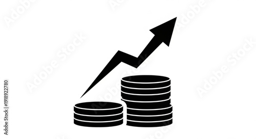 Stacks of coins with an upward trending arrow indicating financial growth and increased savings from a front viewpoint