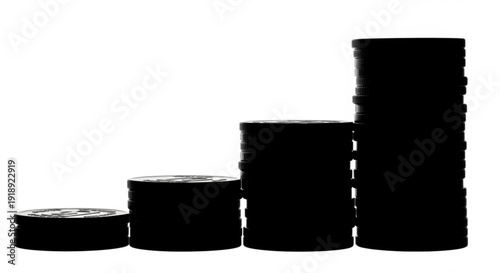 Five black cylindrical objects of varying sizes stacked in a row, viewed from the side in a simple setting