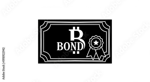 A black and white graphic illustration of a bond certificate featuring a bitcoin symbol and a rosette