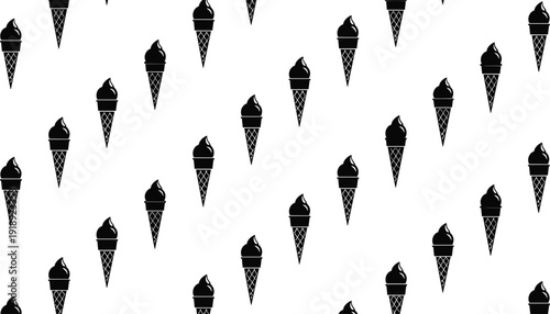 Seamless ice cream cone silhouette pattern vector background with repeating frozen dessert icons in black and white design