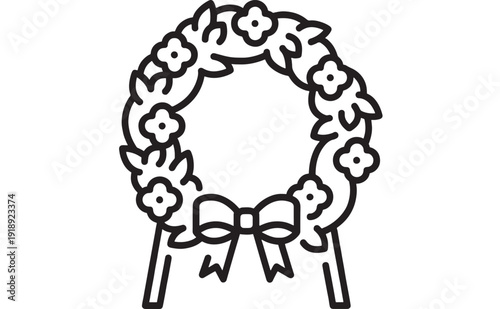 Wreath funeral flower icon with ribbon bow and floral leaves, memorial tribute decoration outline symbol, sympathy condolence sign isolated on white background