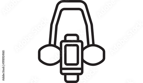 Headphones line icon with smart watch in center, minimal black outline symbol for music listening, audio streaming, wearable tech and app UI isolated on white