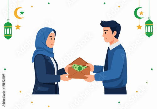 Flat Vector Illustration of Muslim Couple Paying Zakat Fitrah with Donation Envelope – Islamic Charity Concept During Ramadan