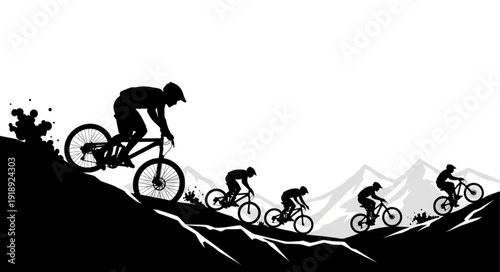 Mountain Bikers Riding Downhill Trail.