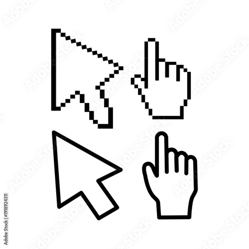 Pixel mouse cursor and hand pointer icon. Clipart image isolated on white background.
