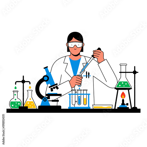 Scientist Conducting Experiment in Laboratory with Microscope and Beakers