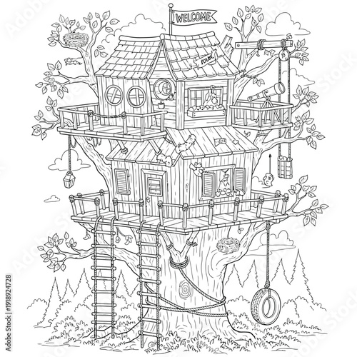 Amazing wooden treehouse with welcome sign telescope and swing for kids fun