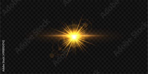 Dawn golden flash. Warm yellow burst with lens flare spreads delicate light rays. Subtle glare and shining core bring sunny atmosphere.