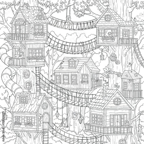 Fantasy treehouse village with wooden cabins and rope bridges for children coloring book