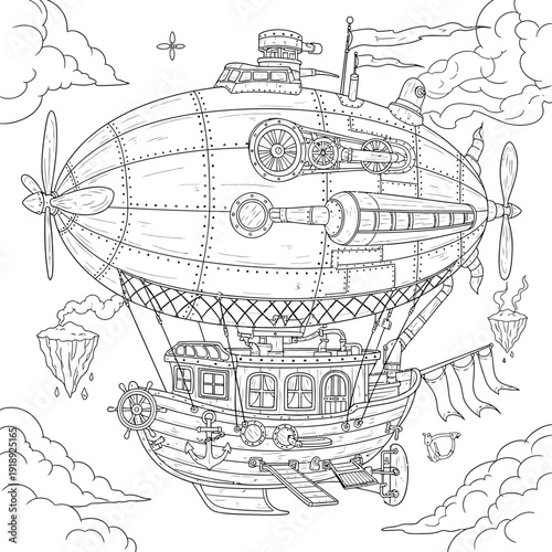 Victorian steampunk flying machine over floating mountains line art illustration for kids
