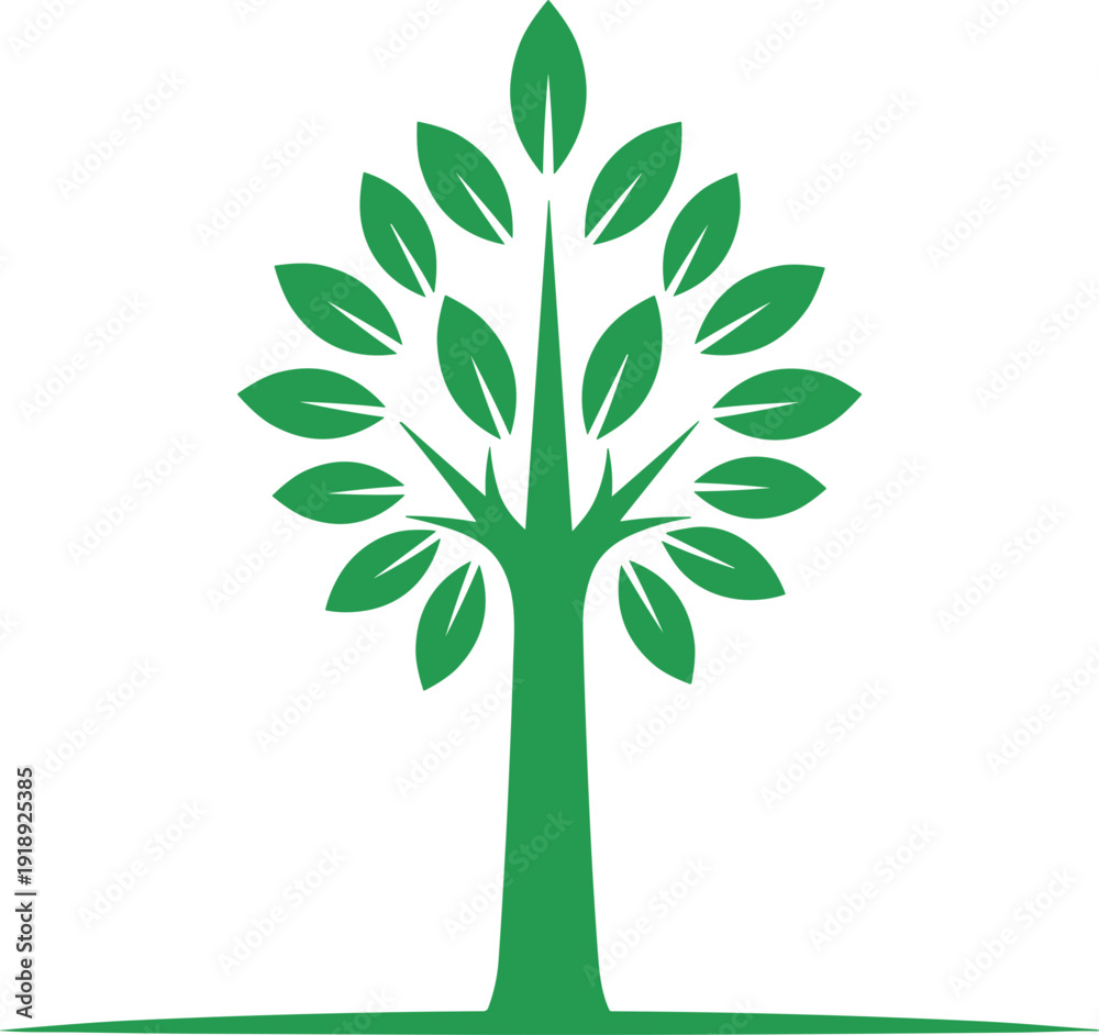 Obraz premium Green tree vector illustration with symmetrical leaves and trunk isolated on white background for nature and environmental designs.