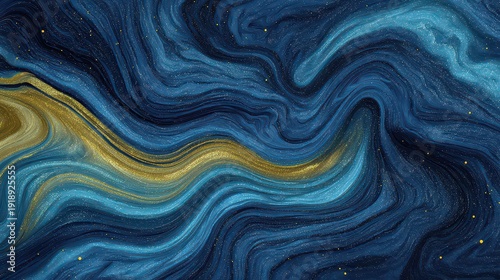 Swirling Blue and Gold Fluid Abstract Background with Glitter Effect Elegant Texture in Dark Navy Tone with Wavy Lines and Sparkling Accents Modern Art Design
