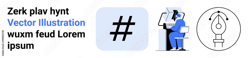 Fototapeta premium Man working on computer at desk, large metadata tag symbol, pen tool icon. Ideal for branding, social media, graphic design, content creation, creativity, teamwork simple landing page