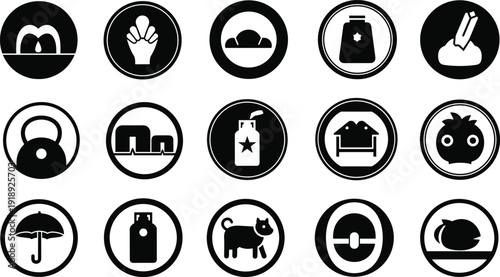 Black and white silhouette icons set including various objects and symbols in oval shapes silhouette
