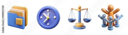 Business and legal 3D icon collection. Includes folder, clock, scales of justice, and teamwork symbols. Created in a glossy 3D render style with a blue and orange palette.