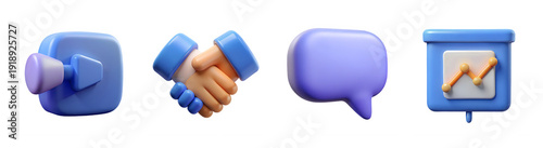 Business and communication 3D icon collection. Includes camera, handshake, speech bubble, and presentation chart symbols. Created in a volumetric style with a blue and purple color palette.