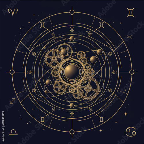 Golden Steampunk Astrolabe and Celestial Clockwork Map Illustration - Vintage Zodiac Gear Mechanism