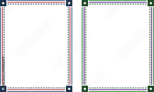 Set of two decorative borders frames with stars and stripes pattern in red, white, blue and green colors, patriotic or festive design elements