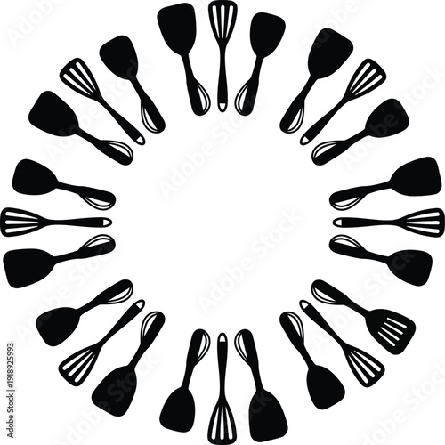 ​Minimalist circular vector frame made of kitchen spatulas and turner silhouettes arranged in a radial pattern.