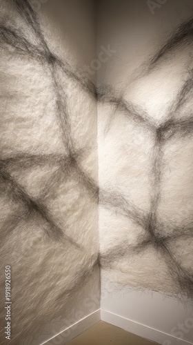 Abstract Silver Glitter Design Adhered to White Walls in a Corner with Dramatic Lighting Creating Depth and Texture