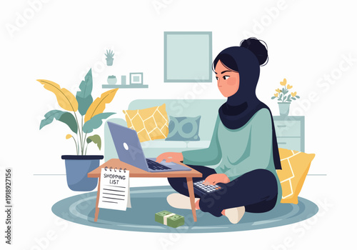 Muslim Woman Working from Home During Ramadan with Cozy Islamic Interior