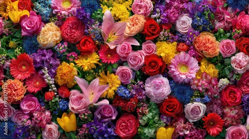 Abundance of Vibrant Multicolored Flowers in Full Bloom a Decorative Floral Display Featuring a Diverse Mix of Botanical Elements Under Soft Natural Lighting