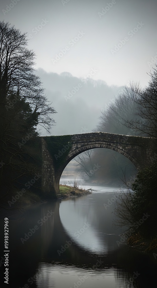 Obraz premium Misty River Landscape with Old Stone Bridge.