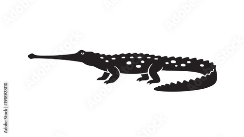 Crocodile silhouette icon with long snout and spotted back, flat black reptile shape isolated on white background for wildlife logo, tattoo, sticker, print
