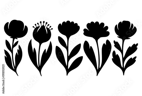 Black silhouette flowers set hand drawn floral design elements for decoration