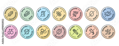 Isolated Vector Logo Set Badge Ingredient Warning Label. Cheerful and colorful Allergens icons. Food Intolerance. The 14 allergens required to declare written in english and spanish