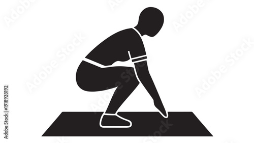 Athlete start position silhouette icon of sprinter crouching on track blocks, minimal black pictogram for race competition, training, fitness app, and sports signage