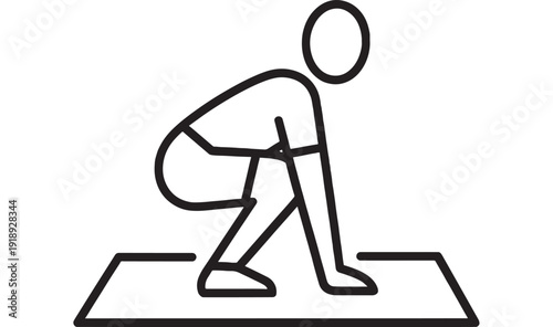 Person doing yoga stretch on mat icon with outline stick figure in lunge pose, fitness exercise symbol, minimal line design for wellness app, gym signage, and instruction