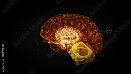Animated brain scan with glowing orange and yellow neurons