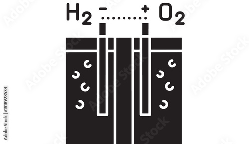 Fuel cell diagram with hydrogen and oxygen reaction, black and white illustration featuring energy, power, technology with scientific and chemistry elements for electrolysis, electrochemical