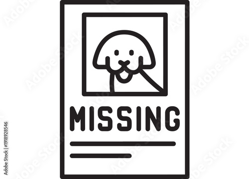 Poster missing pet notice with cute dog face in photo frame, lost animal flyer icon in black outline, simple line art sign for shelter adoption and search alert