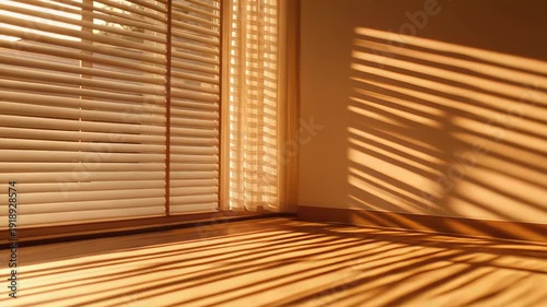 Warm golden light pouring into an empty room, casting dramatic blinds shadows across the wooden floor and wall, evoking feelings of peace and solitude