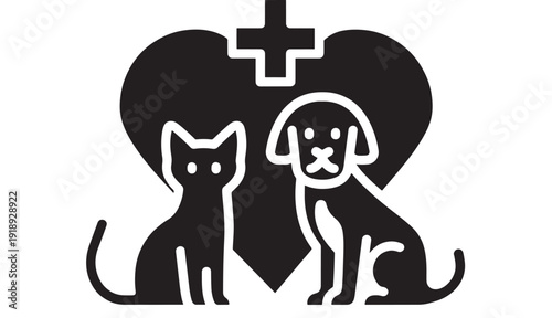 Veterinary clinic icon with cat and dog silhouettes under medical cross and heart shape, pet care logo symbol in black and white isolated on clean background