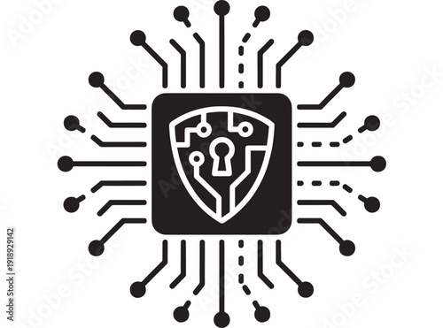 Shield cybersecurity icon with circuit board lines and padlock symbol, minimal black and white technology logo for data protection, network security and privacy