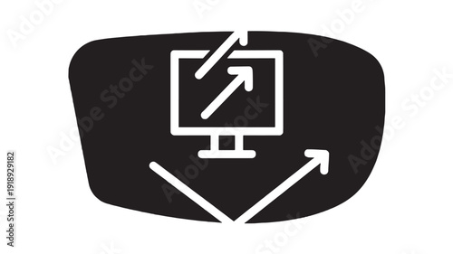Icon data sharing with computer monitor and arrows pointing outward, minimalist black and white symbol for export, upload, download, network connection, technology UI