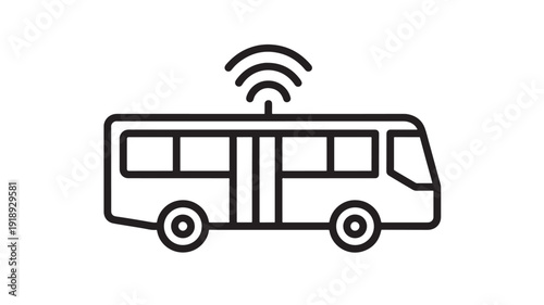 Bus public transport icon with wireless wifi signal above roof, simple black outline pictogram for city transit, smart mobility app UI, isolated on white background