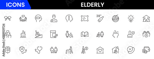 Elderly icon set. elderly care, pension, vision loss, and more. line icon style. old age element vector illustration