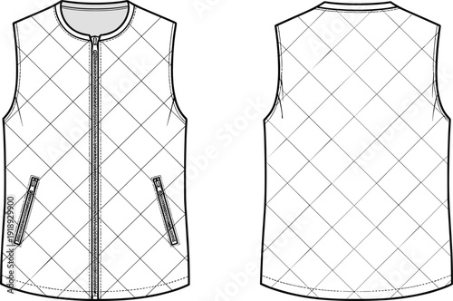 Quilted vest front and back views with zippered pockets sleeveless jacket front view